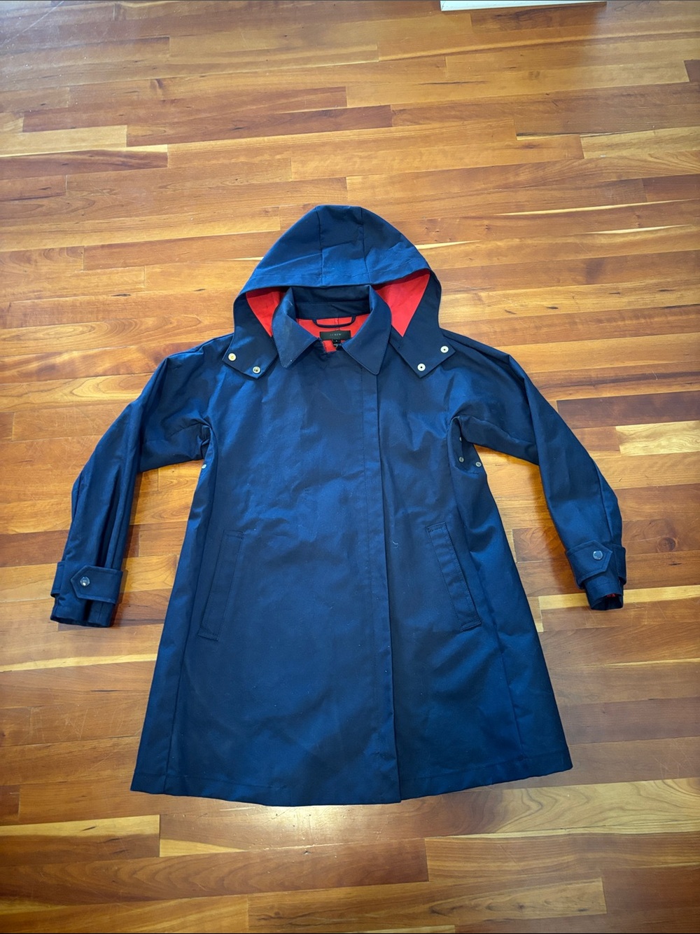 J. Crew Navy Belvedere Hooded Trench Raincoat A Line with Red Lining